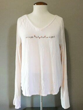 GAP Body Pastel Pink Christmas Lights Graphic Long Sleeve V-Neck Top Small